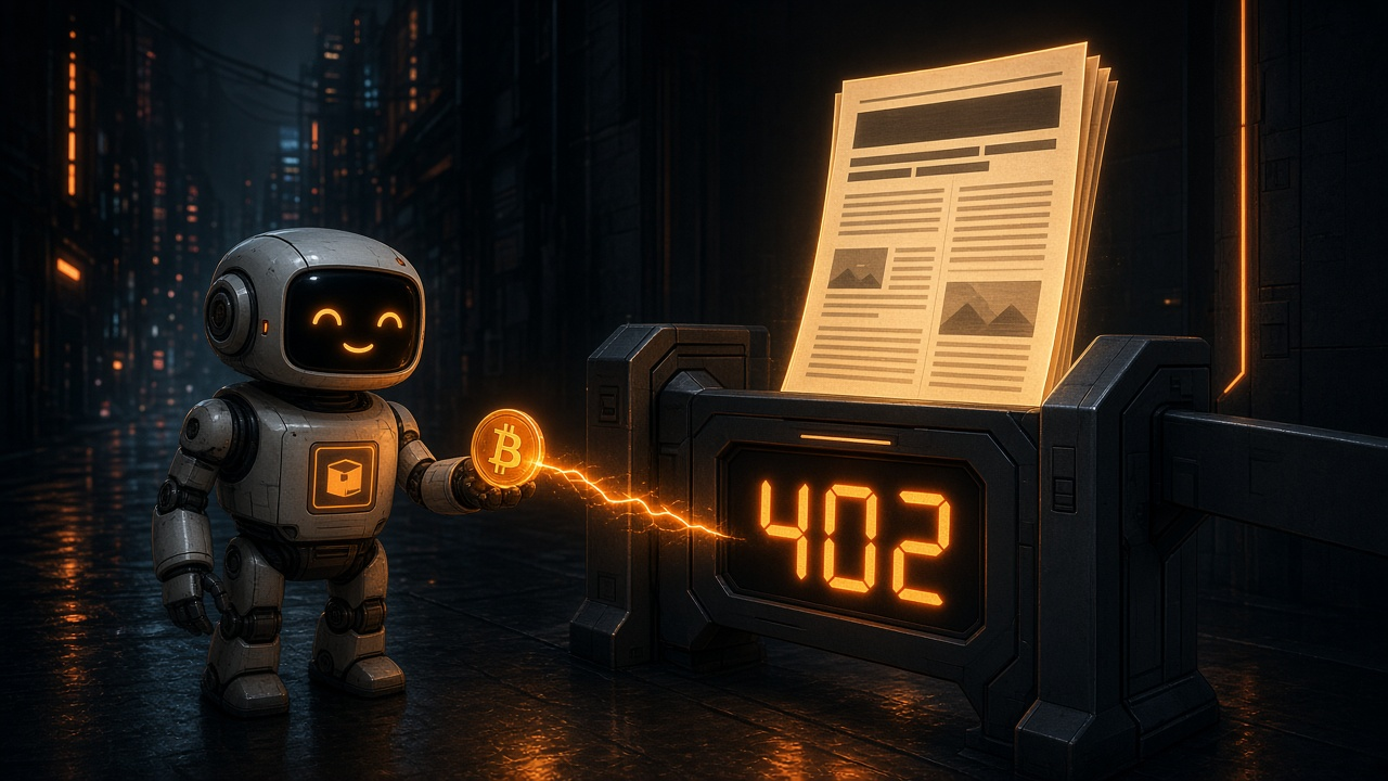 A small robot pays a glowing Bitcoin coin into a turnstile showing 402, and an article page rises out of the gate.